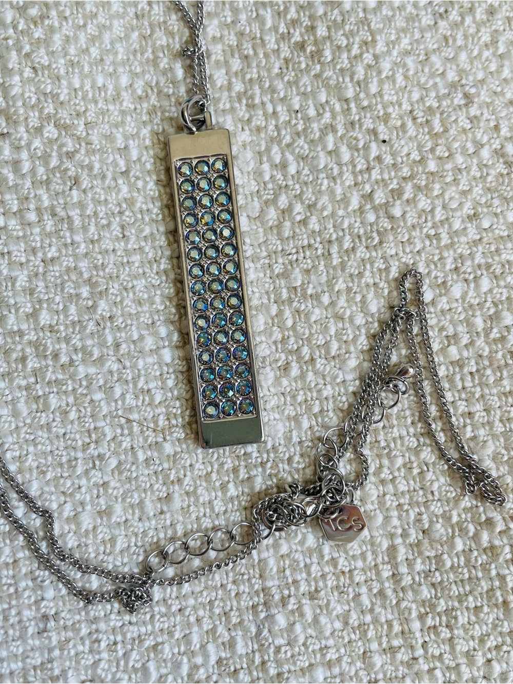 Touchstone Crystal Silver Bar Pendant Necklace with Aurora Borealis Crystals